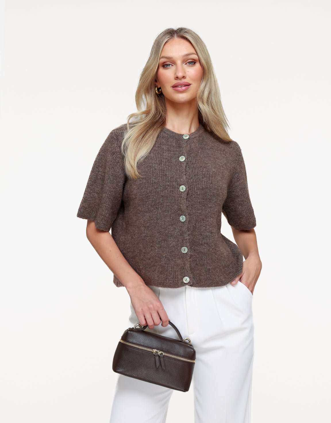 Dark Taupe Knitted 3/4 Sleeves - Cardigan - Olivia & Kate
