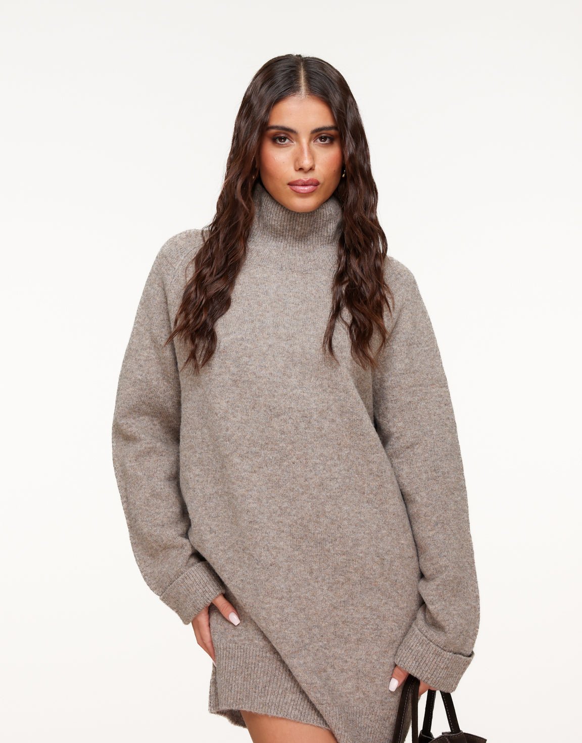 Donkertaupe Gebreide Hoge Kraag - Jurk - Olivia & Kate