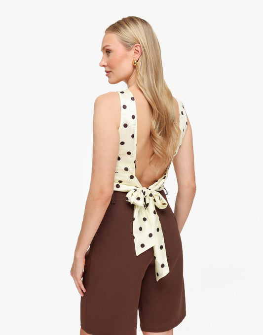 Gele Polkadot Satijnen Open Rug - Top - Olivia & Kate