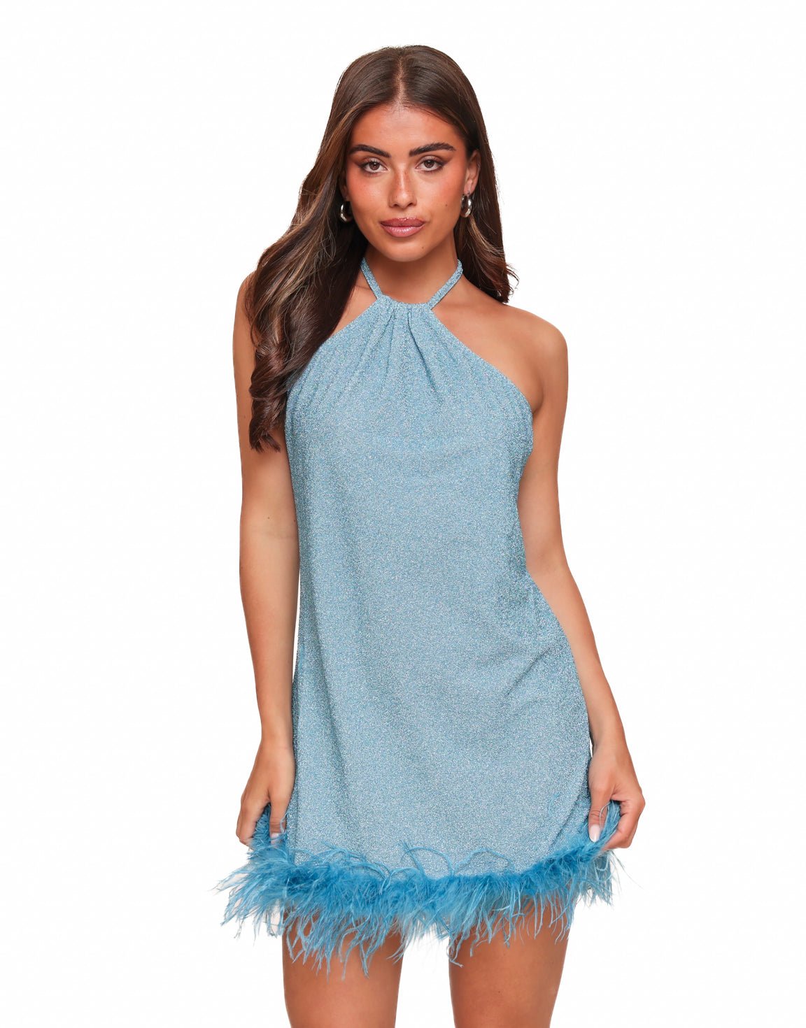 Ijsblauwe Glitter Mouwloze Veren - Jurk - Olivia & Kate