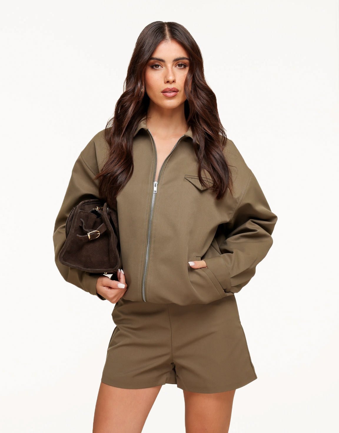 Khaki Bomber with Pocket - Jacket - Olivia & Kate