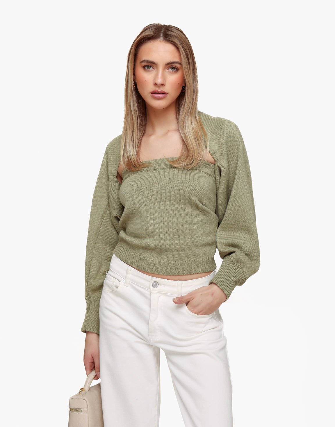 Khaki Gebreide Cropped - Vest - Olivia & Kate