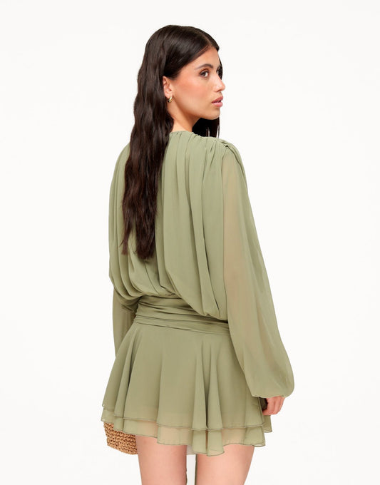 Khaki Gedrapeerde LS - Jurk - Olivia & Kate