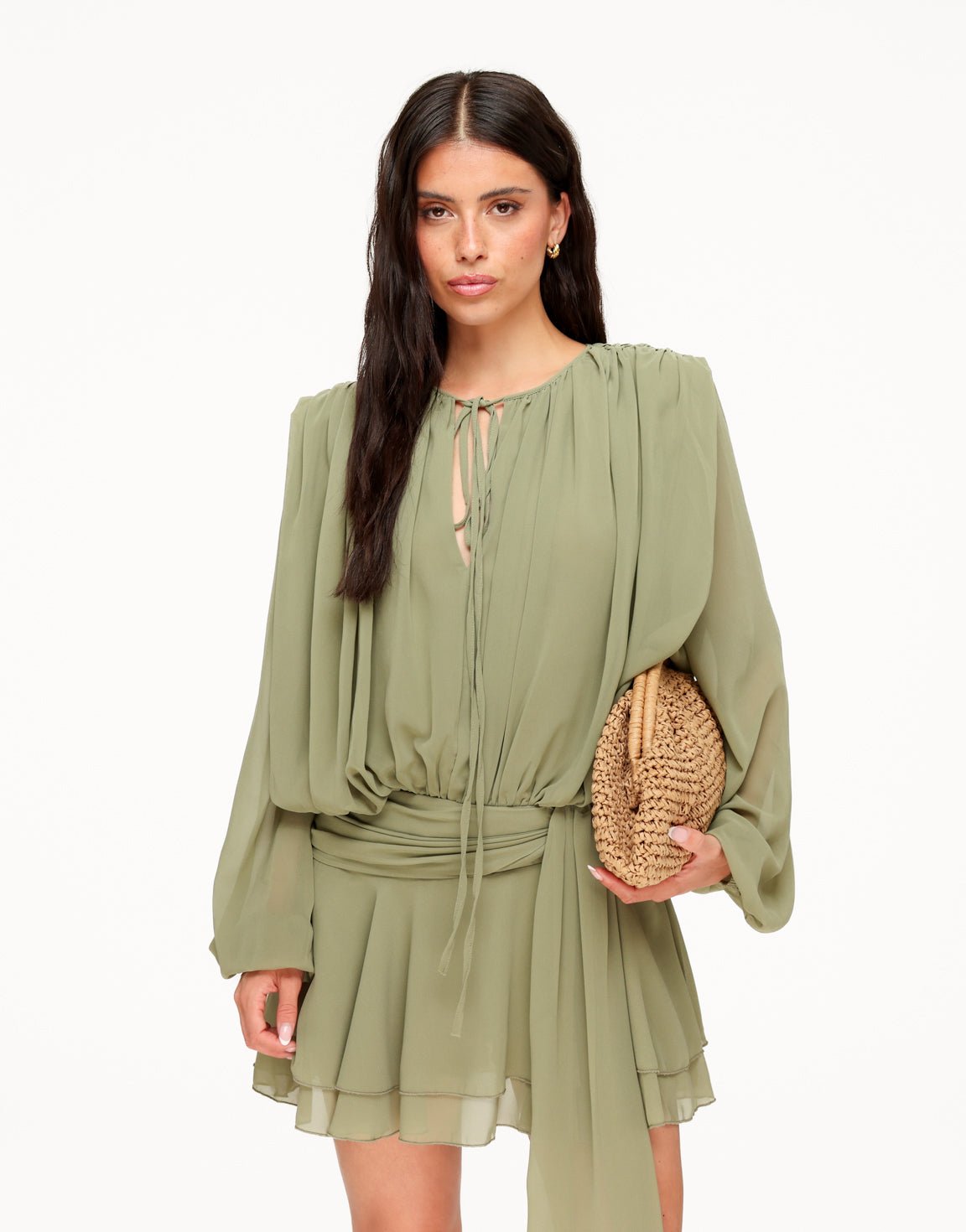 Khaki Gedrapeerde LS - Jurk - Olivia & Kate