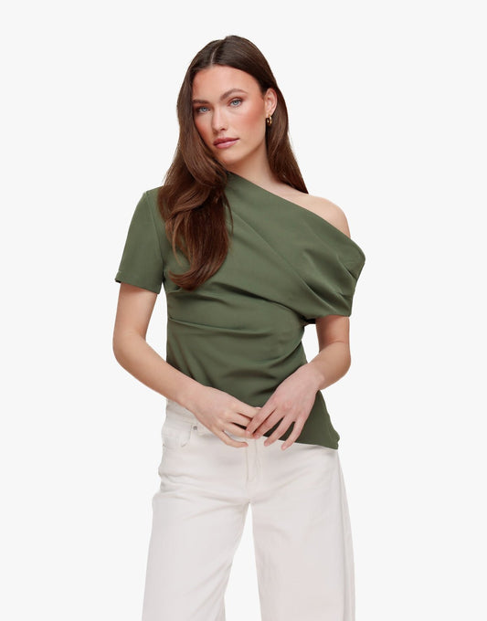 Khaki Gedrapeerde Off Shoulder SS - Top - Olivia & Kate