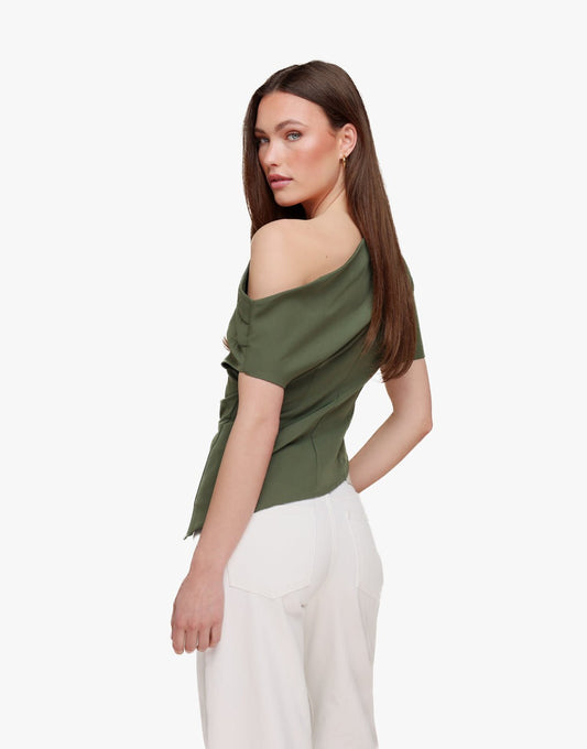 Khaki Gedrapeerde Off Shoulder SS - Top - Olivia & Kate