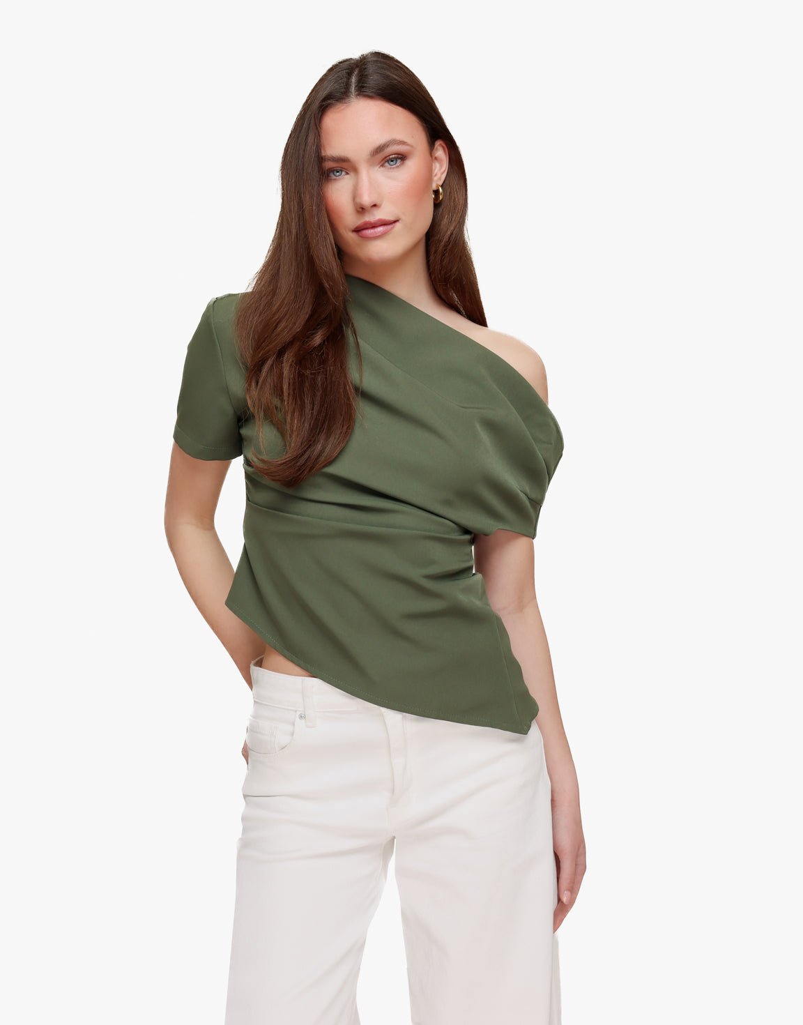 Khaki Gedrapeerde Off Shoulder SS - Top - Olivia & Kate