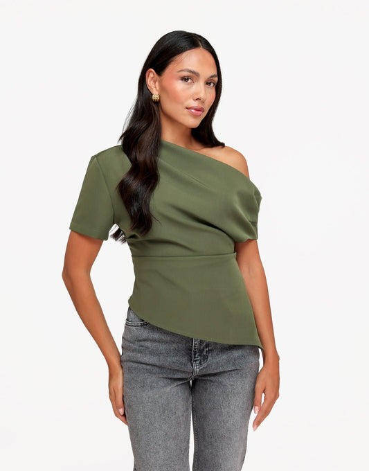 Khaki Gedrapeerde Off Shoulder SS - Top - Olivia & Kate