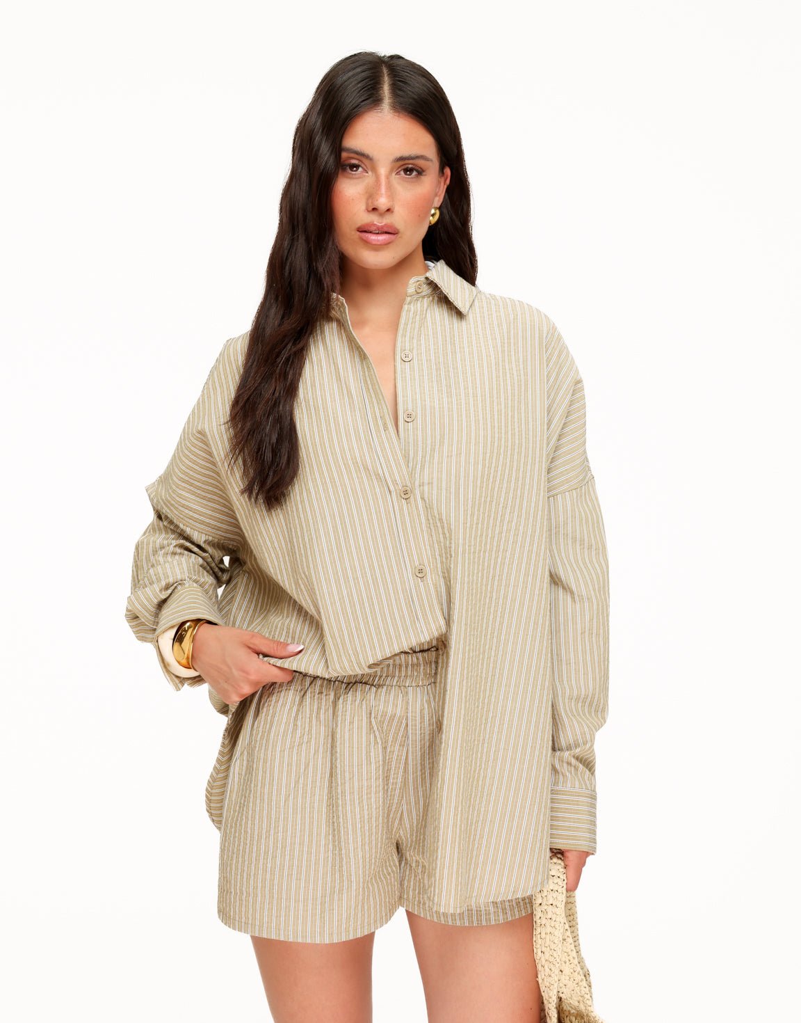 Khaki Gestreepte LS Blouse Wijde - Set - Olivia & Kate