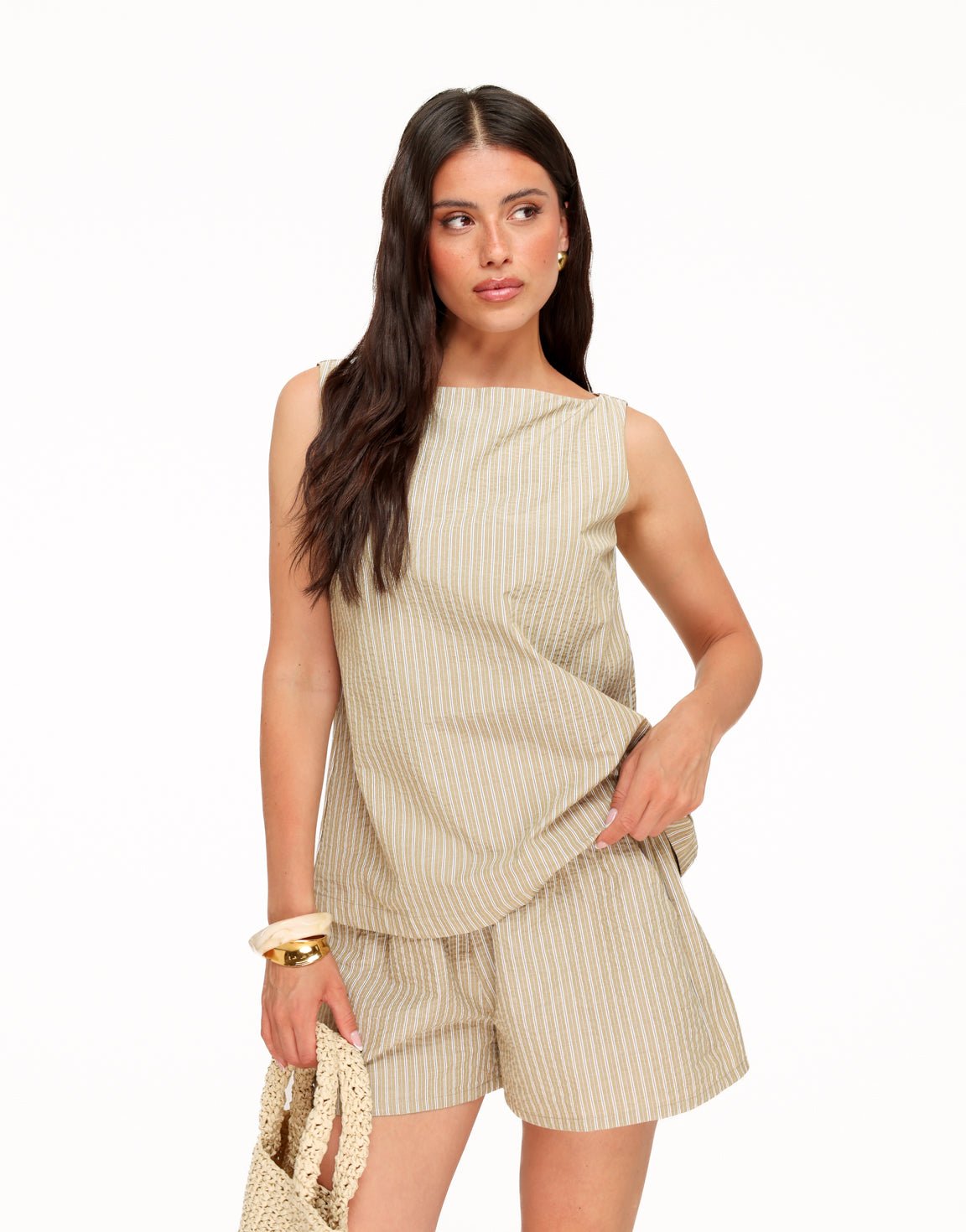 Khaki Gestreepte Wijde - Short - Olivia & Kate