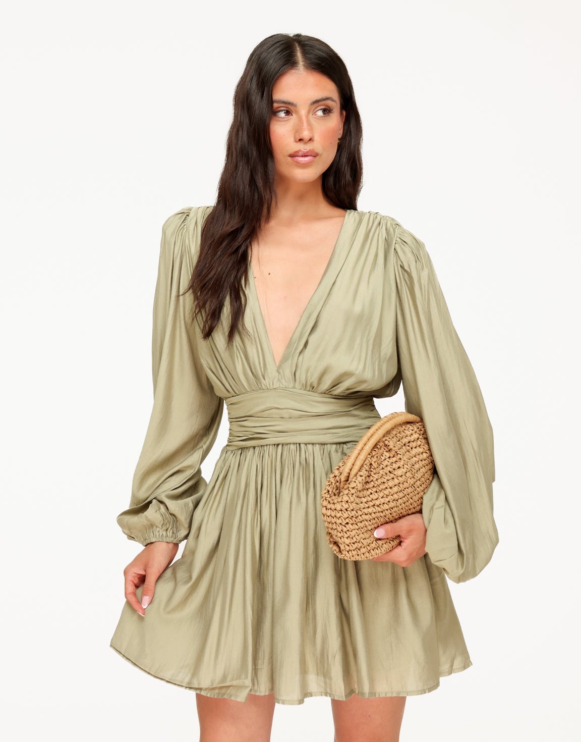 Khaki Getailleerde Ballonmouwen - Jurk - Olivia & Kate