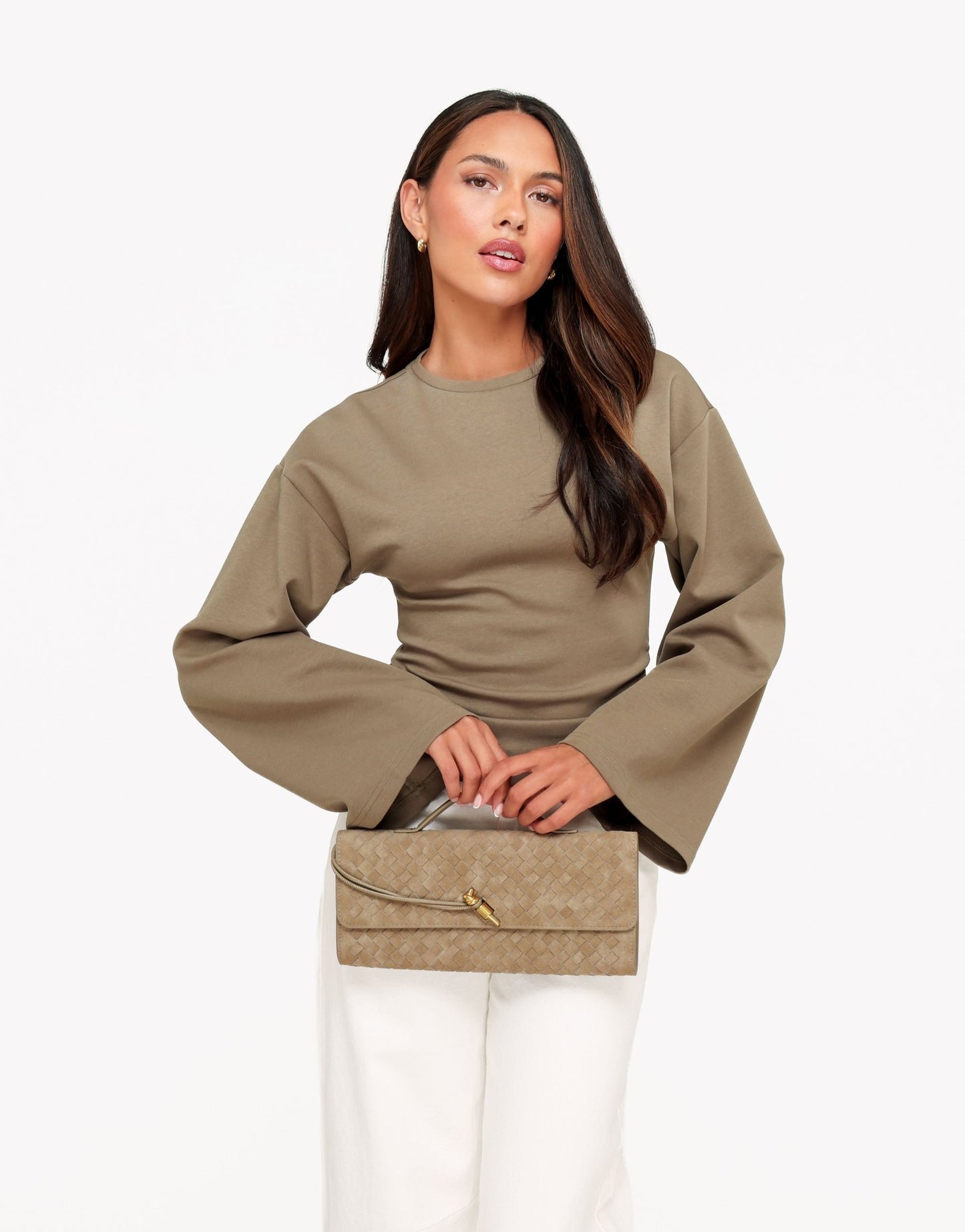 Khaki Getailleerde Wijde Mouwen LS - Top - Olivia & Kate