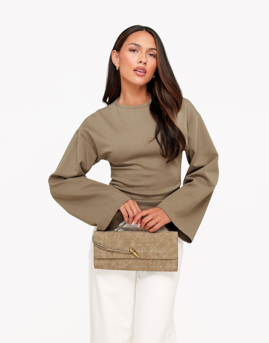 Khaki Getailleerde Wijde Mouwen LS - Top - Olivia & Kate