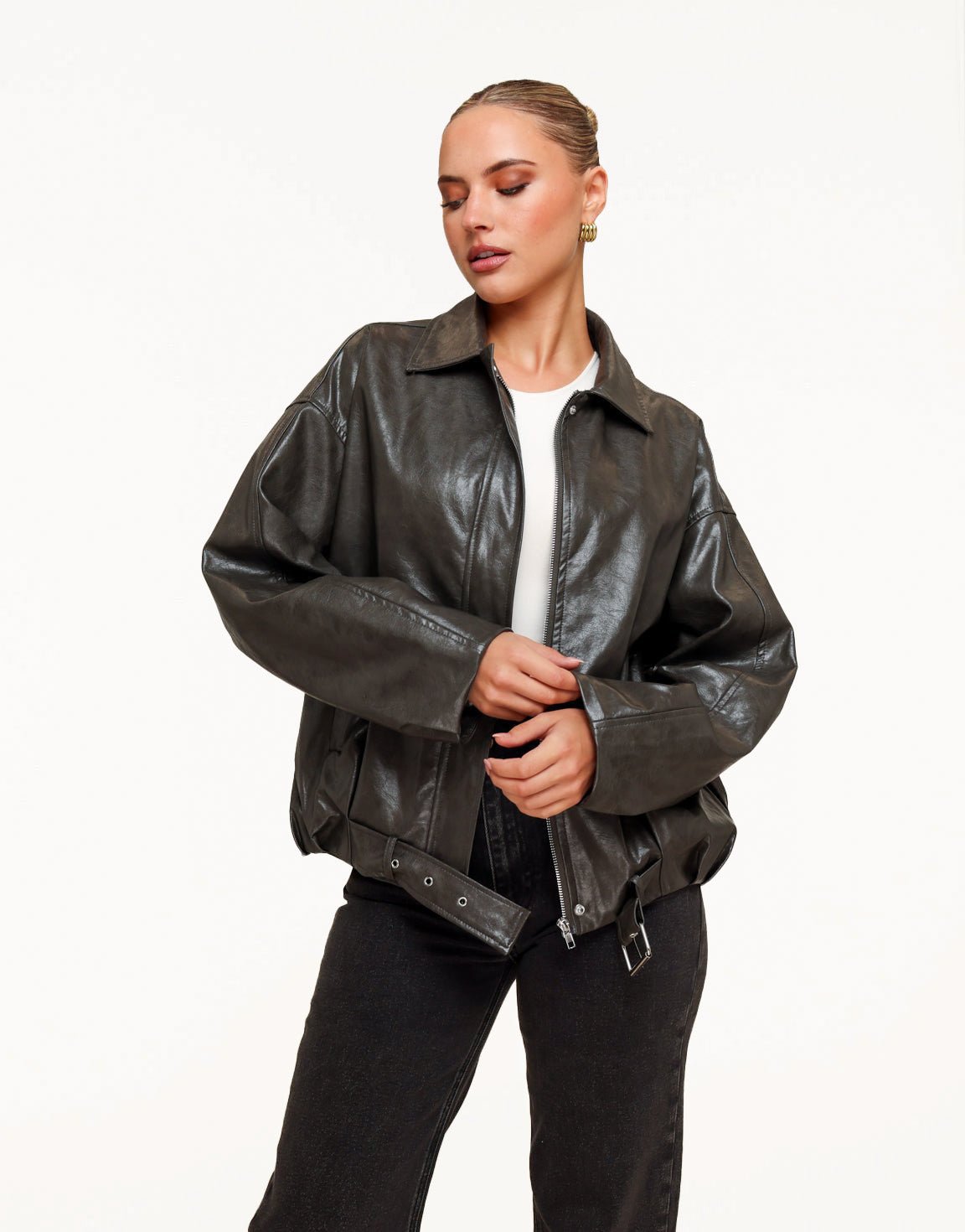 Khaki PU leather Biker - Jacket - Olivia & Kate