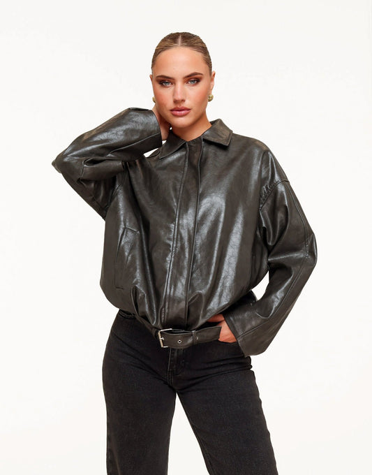 Khaki PU leather Biker - Jacket - Olivia & Kate