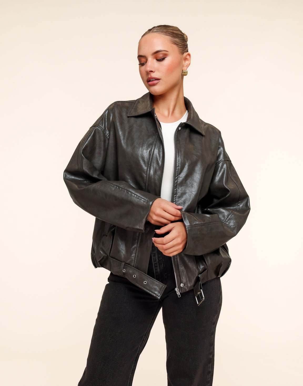 Khaki PU leren Biker - Jas - Olivia & Kate