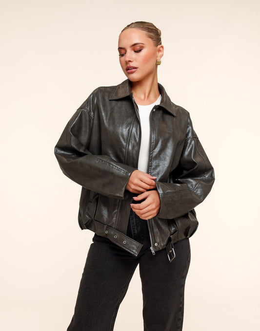 Khaki PU leren Biker - Jas - Olivia & Kate