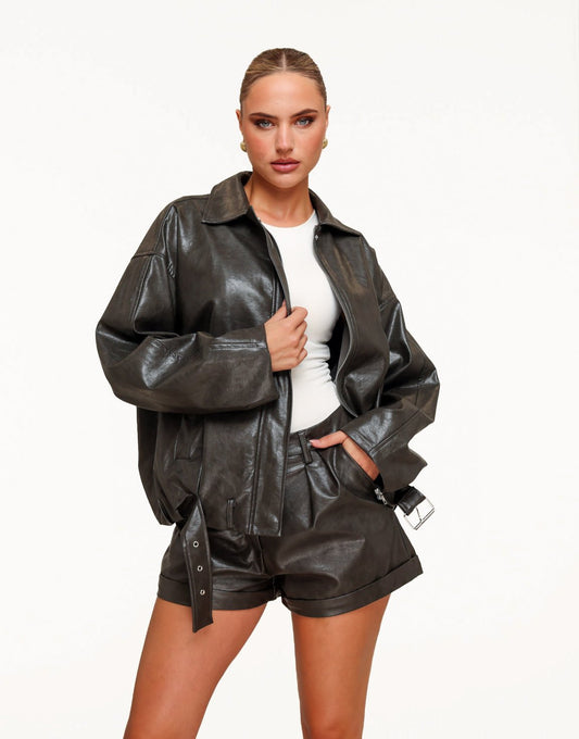 Khaki PU leren Biker - Jas - Olivia & Kate