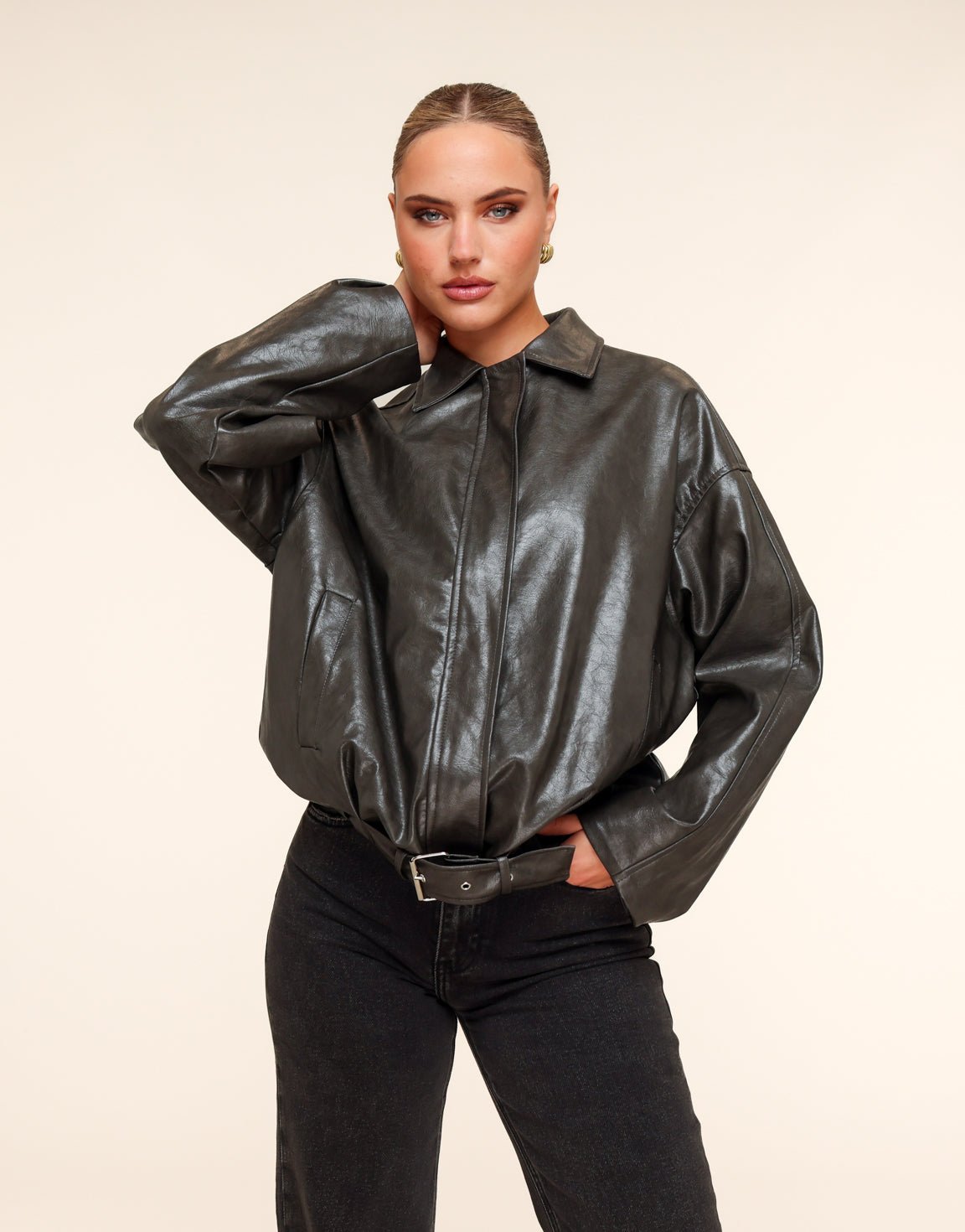 Khaki PU leren Biker - Jas - Olivia & Kate