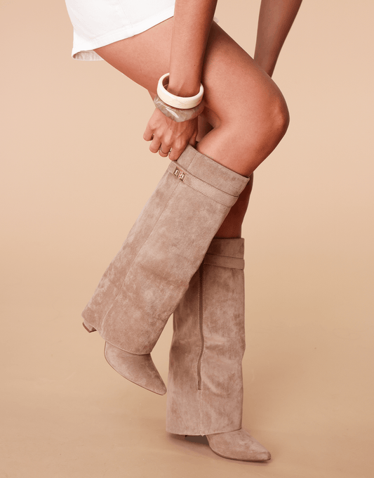 Khaki Suede Hoge Overlap Hak - Laarzen - Olivia & Kate