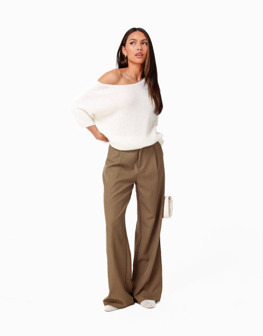 Khaki Wijde Pantalon + Ecru Off Shoulder SS Trui - Set - Olivia & Kate