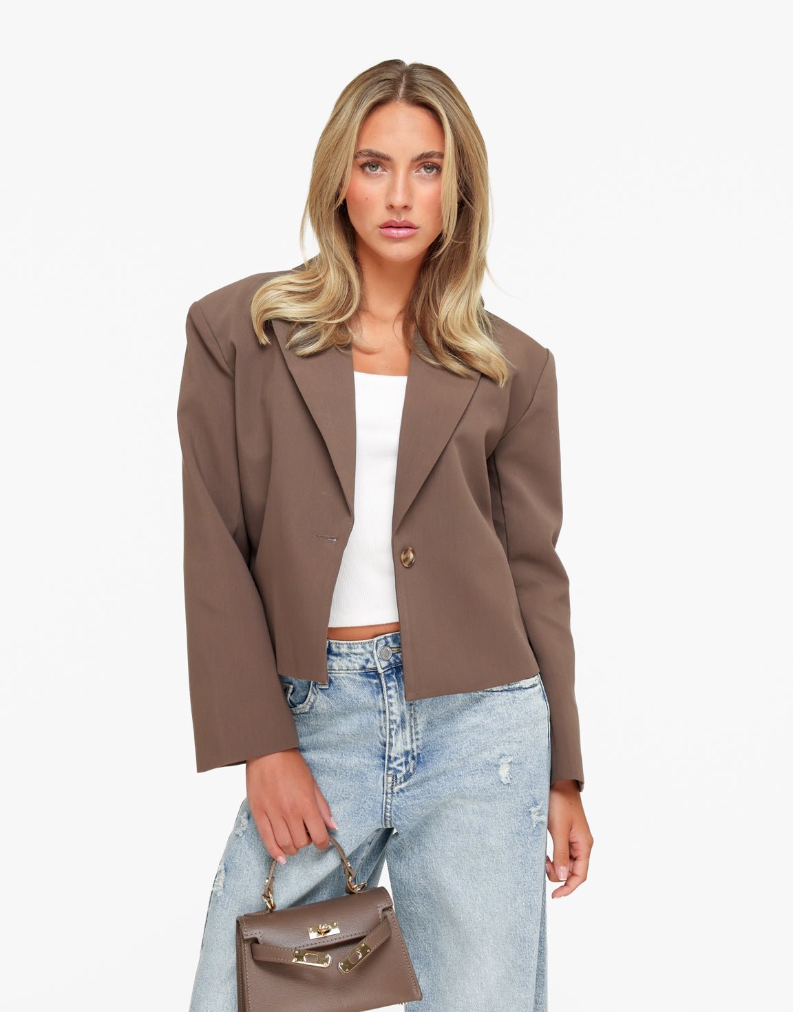 Lichtbruine Cropped V-Hals - Blazer - Olivia & Kate