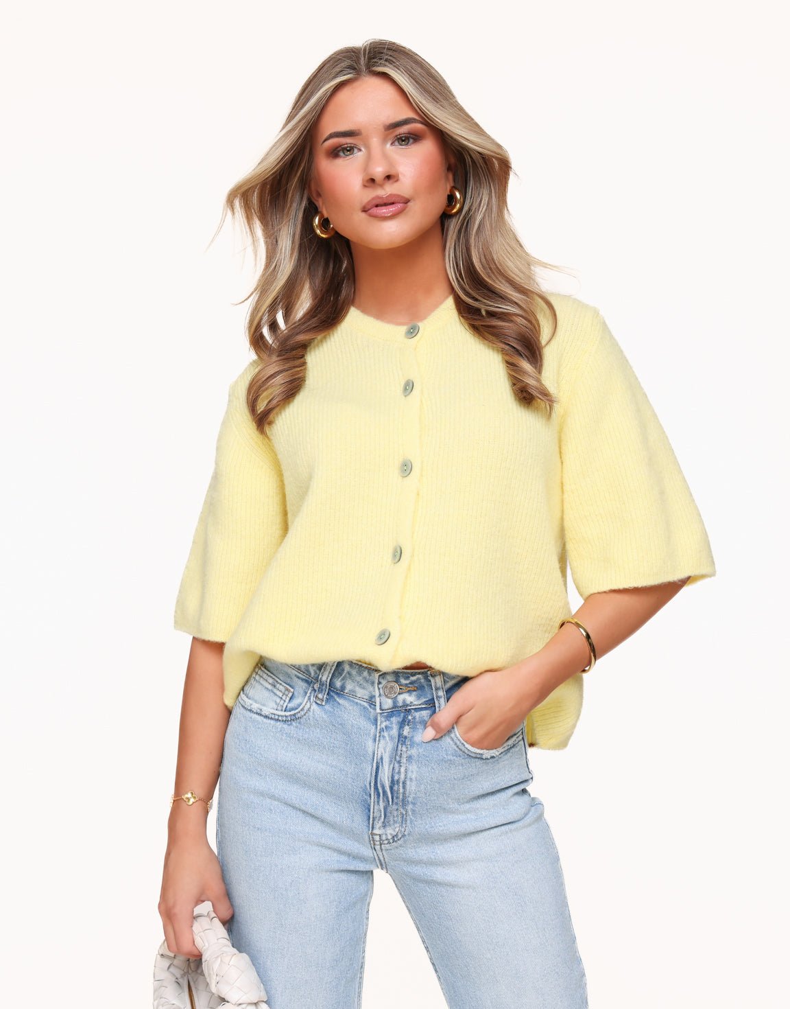 Light Yellow Knitted 3/4 Sleeves - Cardigan - Olivia & Kate