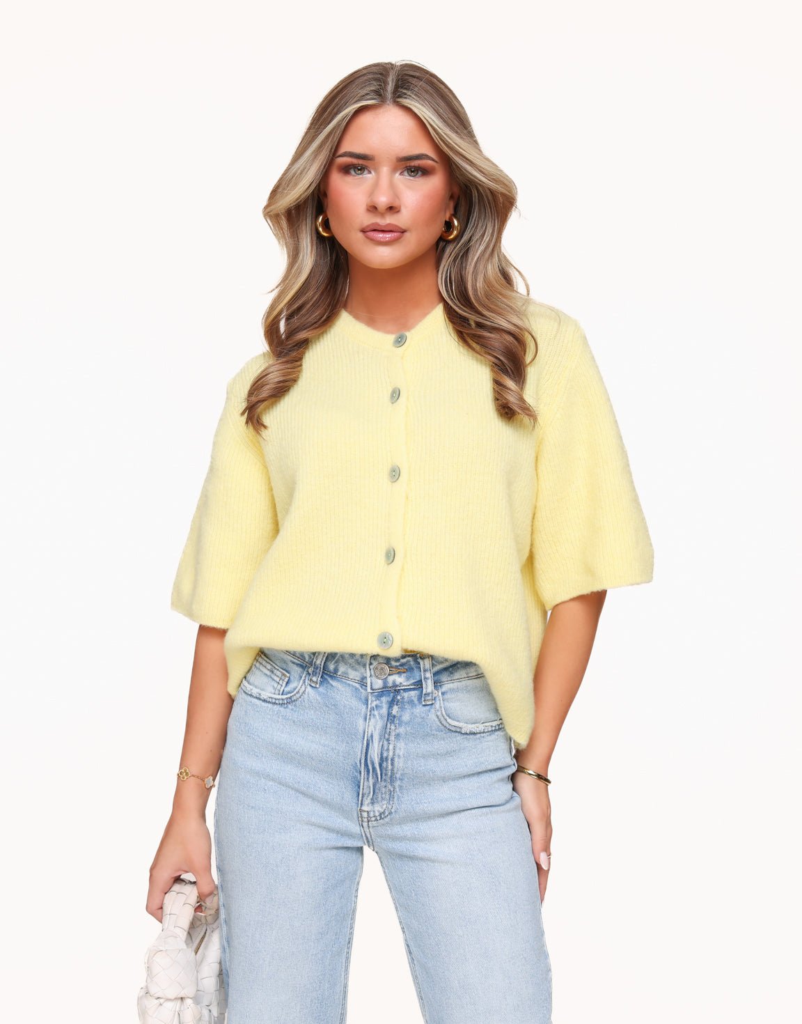 Light Yellow Knitted 3/4 Sleeves - Cardigan - Olivia & Kate