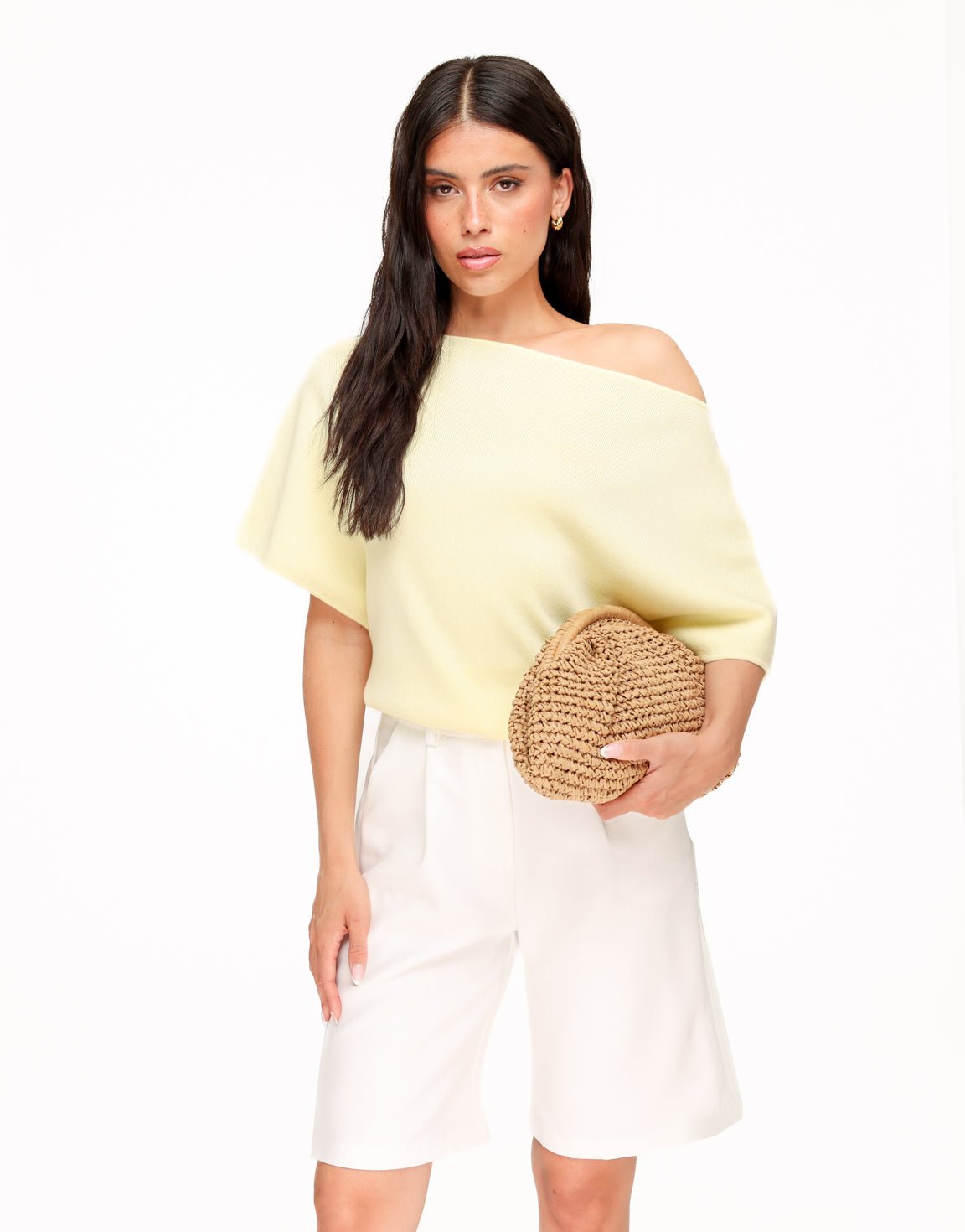 Lichtgele Gebreide Off Shoulder - Trui - Olivia & Kate