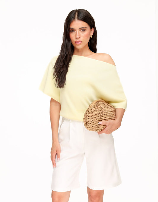 Lichtgele Gebreide Off Shoulder - Trui - Olivia & Kate