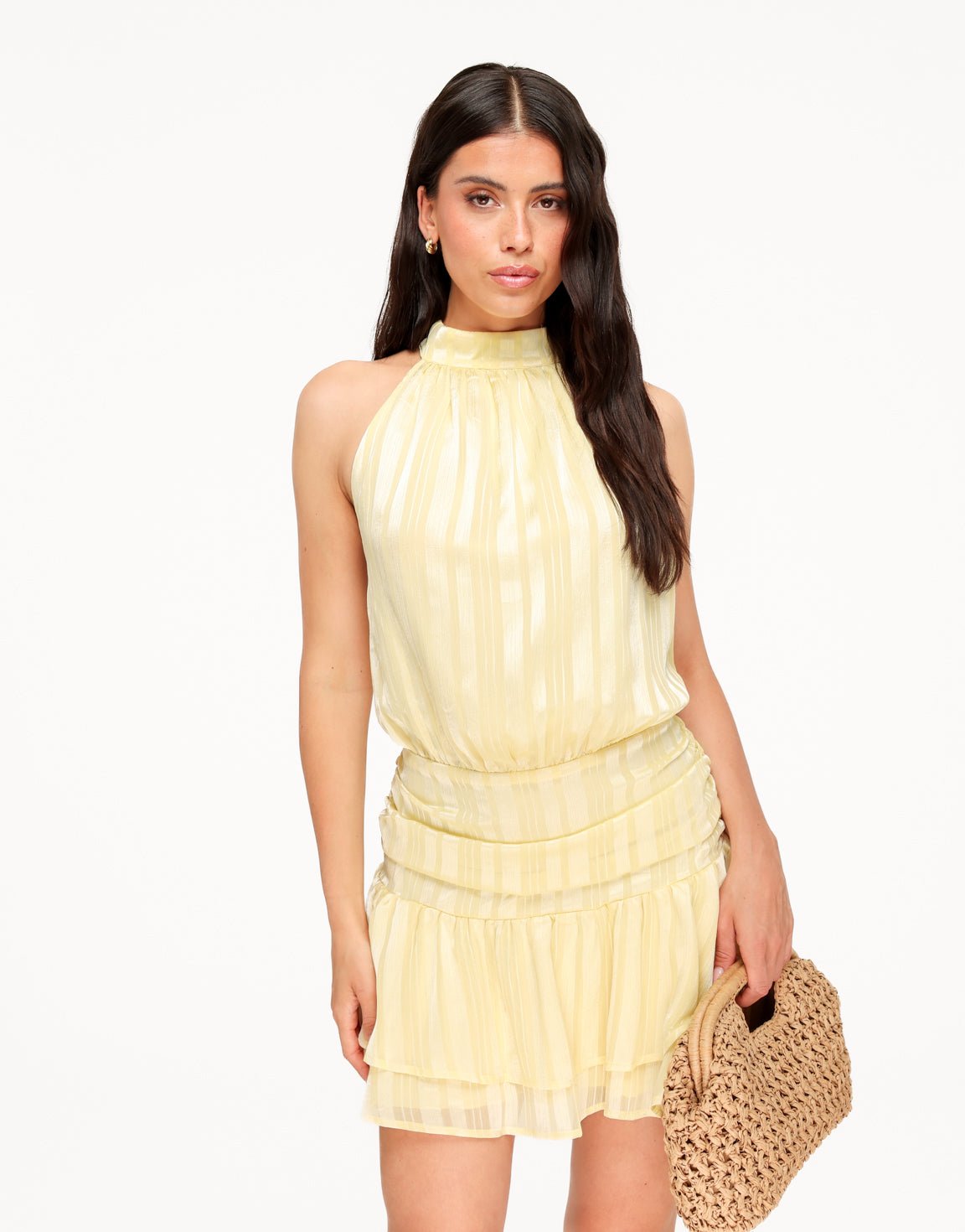 Lichtgele Gestreepte Halter Ruffel - Jurk - Olivia & Kate