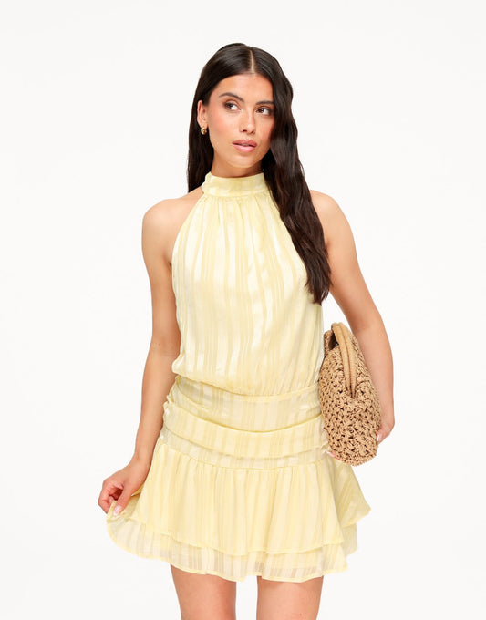 Lichtgele Gestreepte Halter Ruffel - Jurk - Olivia & Kate