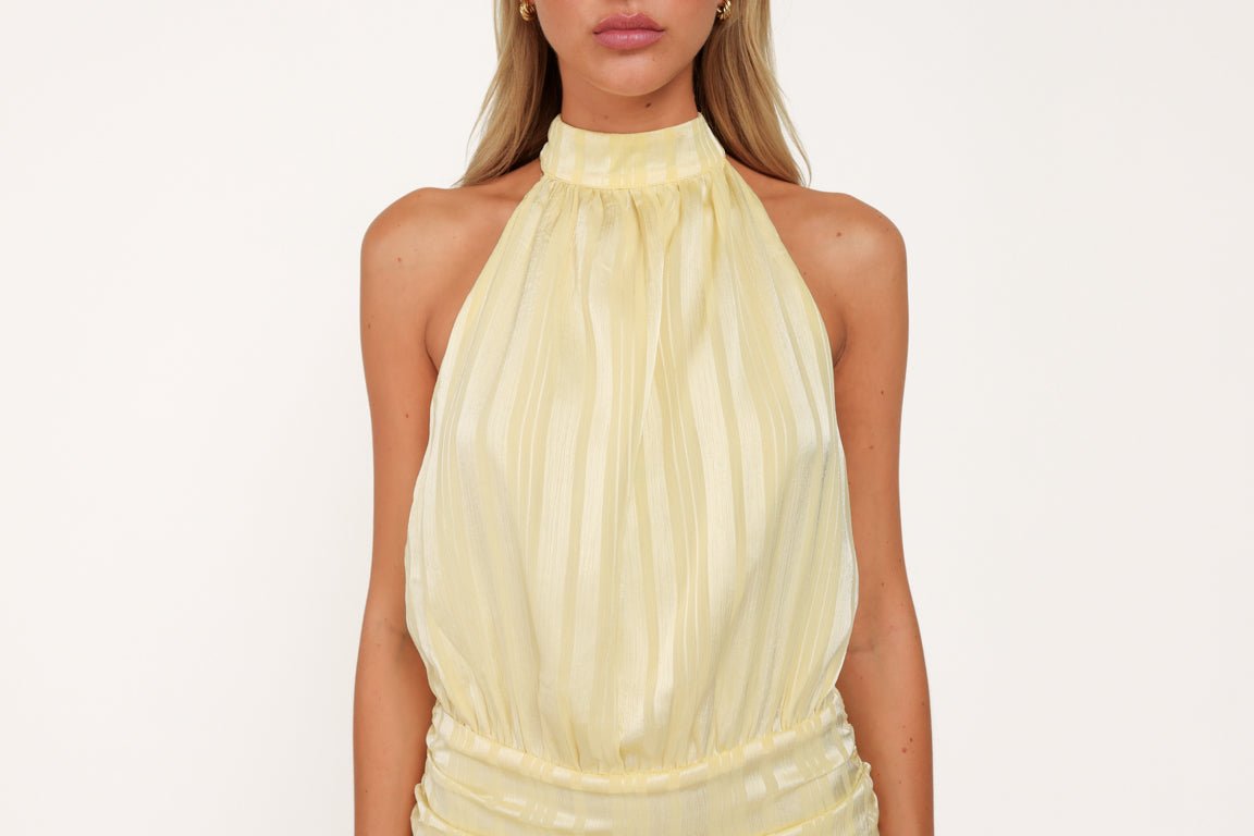 Lichtgele Gestreepte Halter Ruffel - Jurk - Olivia & Kate
