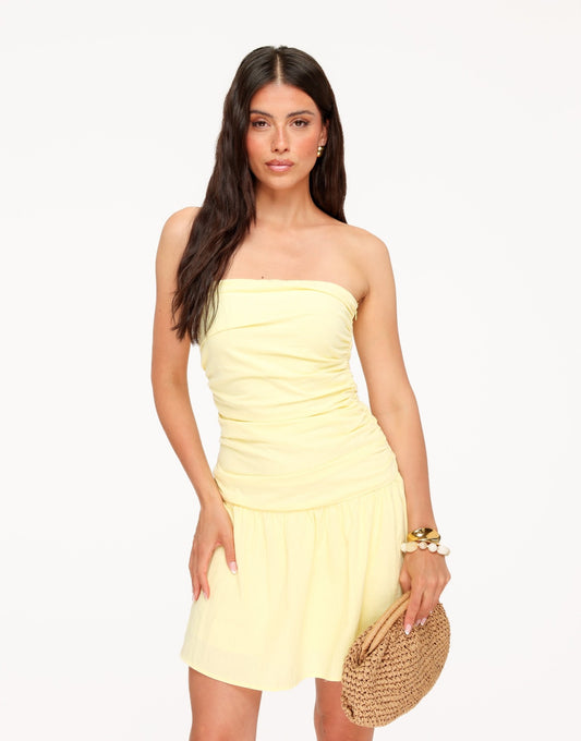 Lichtgele Katoenen Strapless - Jurk - Olivia & Kate