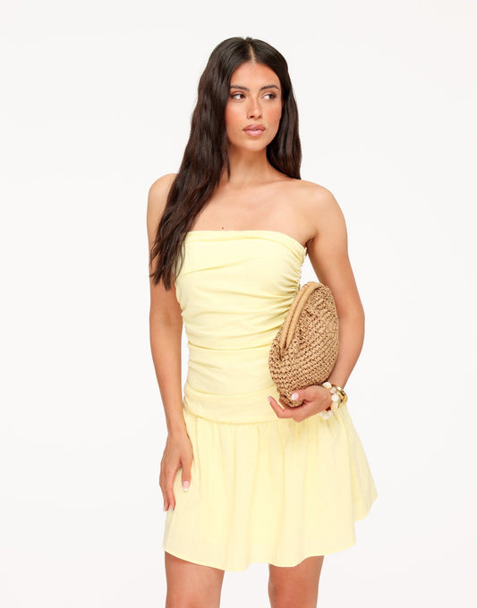 Lichtgele Katoenen Strapless - Jurk - Olivia & Kate