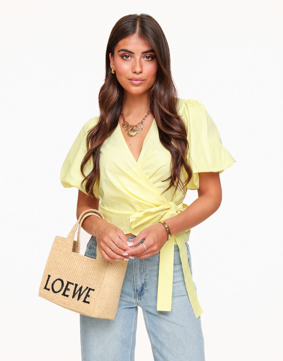 Lichtgele Korte Pofmouwen Wikkel - Top (niet online) - Olivia & Kate