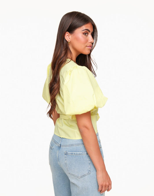 Lichtgele Korte Pofmouwen Wikkel - Top (niet online) - Olivia & Kate