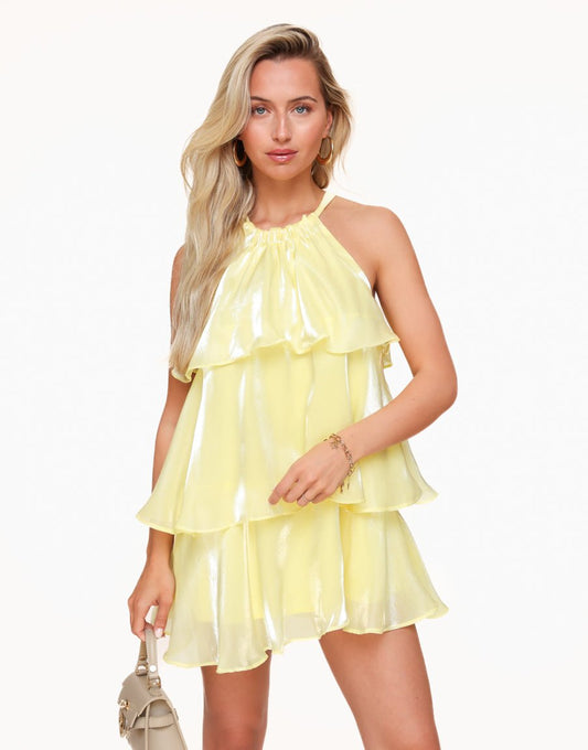 Lichtgele Petite Satijnen Ruffel Halter - Jurk - Olivia & Kate
