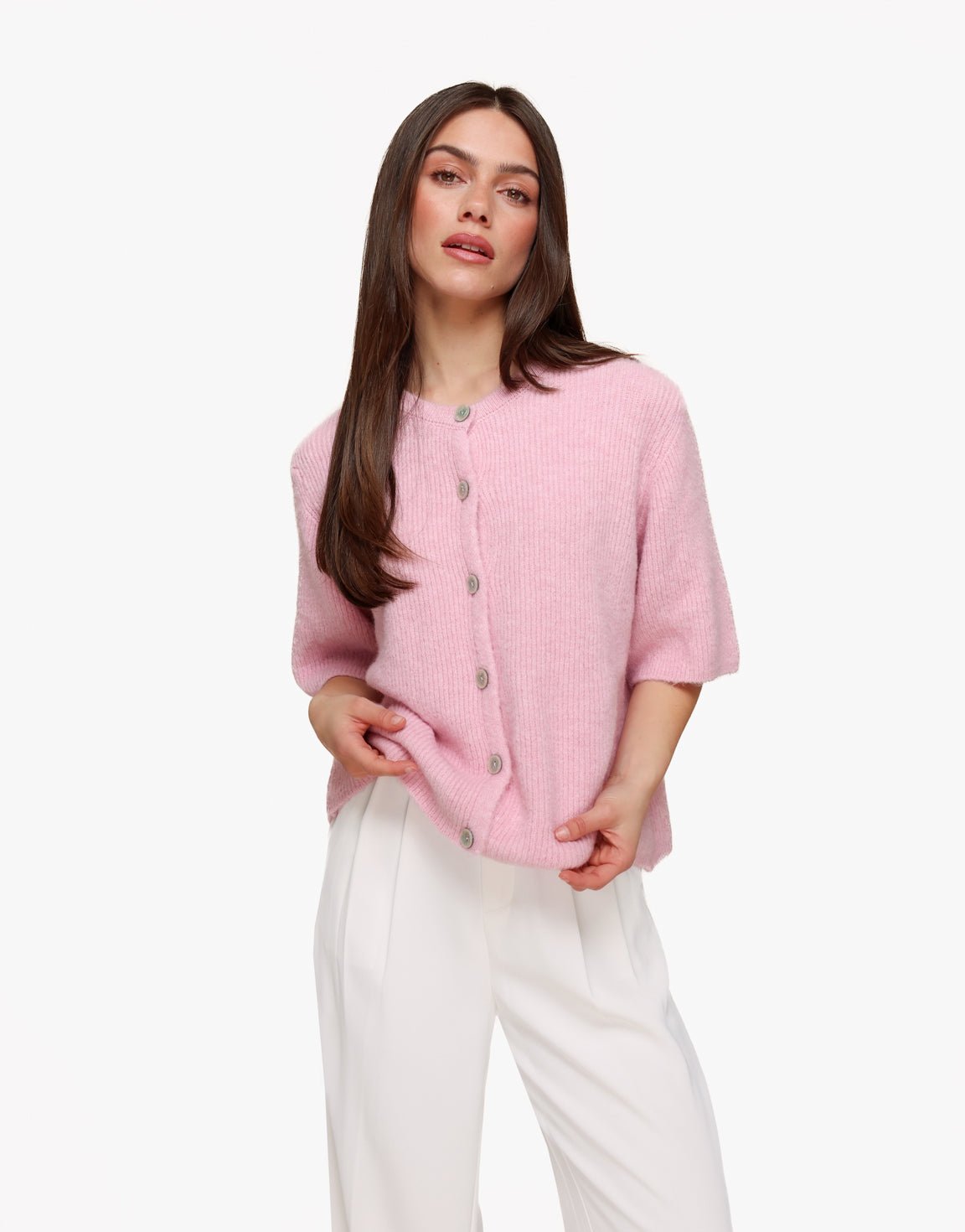 Lichtroze Gebreide 3/4 Mouwen - Vest - Olivia & Kate