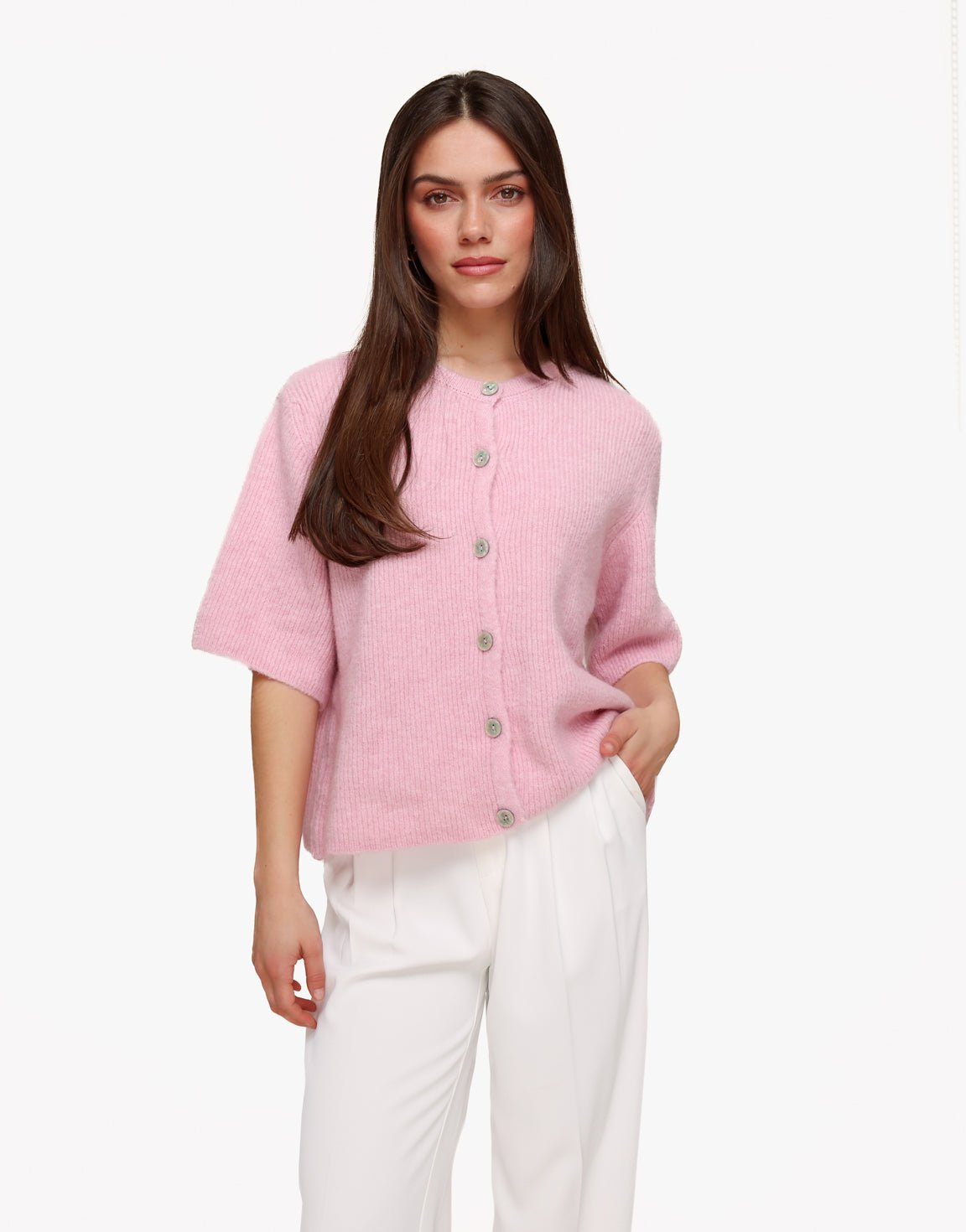 Lichtroze Gebreide 3/4 Mouwen - Vest - Olivia & Kate