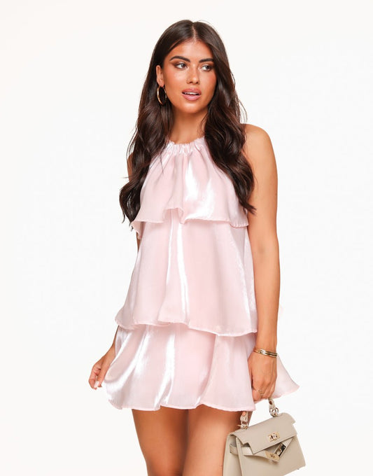 Lichtroze Petite Satijnen Ruffel Halter - Jurk - Olivia & Kate