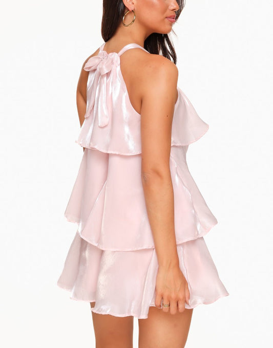 Lichtroze Petite Satijnen Ruffel Halter - Jurk - Olivia & Kate