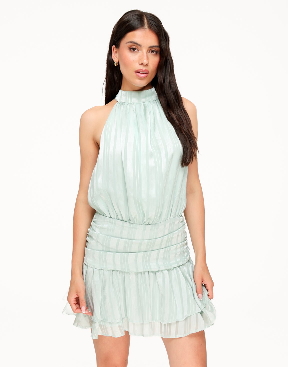 Mintgroene Gestreepte Halter Ruffel - Jurk - Olivia & Kate