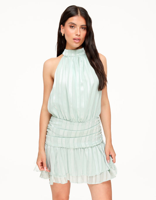 Mintgroene Gestreepte Halter Ruffel - Jurk - Olivia & Kate