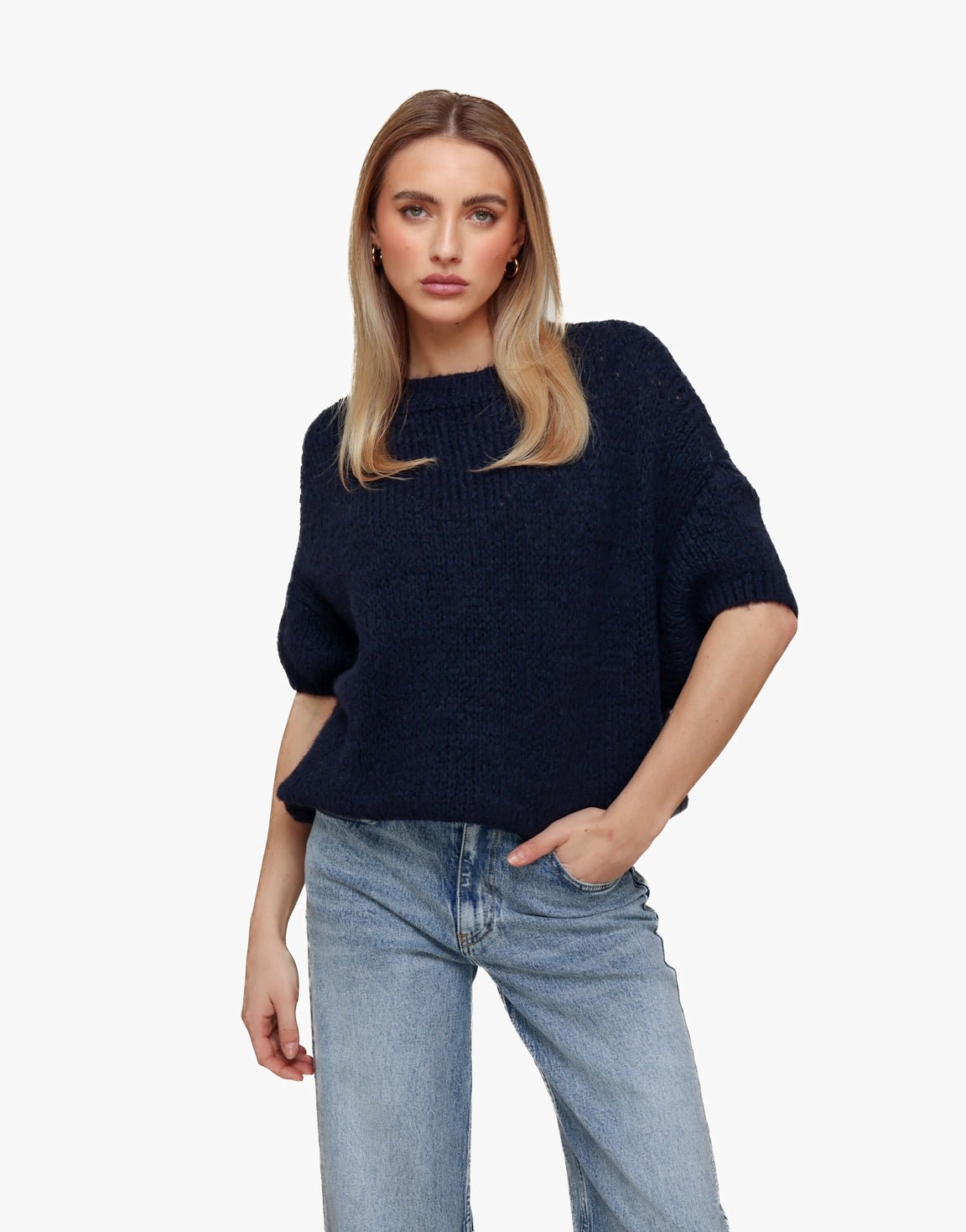 Navy Gebreide Wollen 3/4 Mouwen - Trui - Olivia & Kate