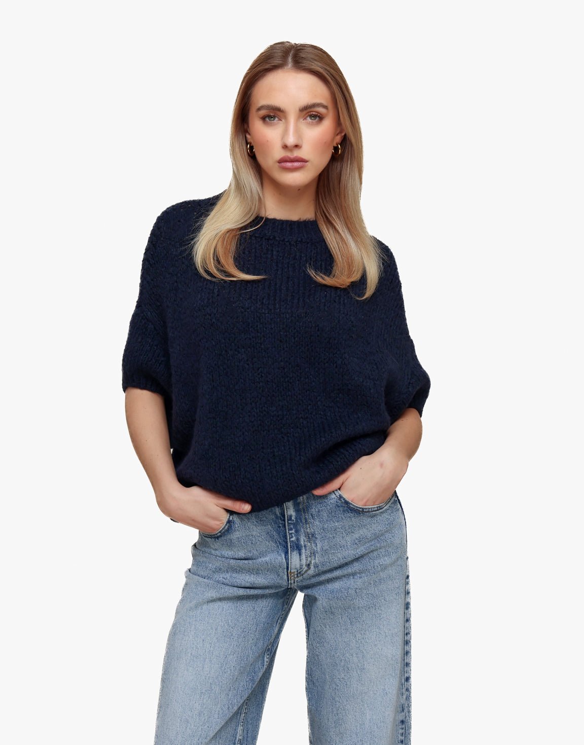 Navy Gebreide Wollen 3/4 Mouwen - Trui - Olivia & Kate