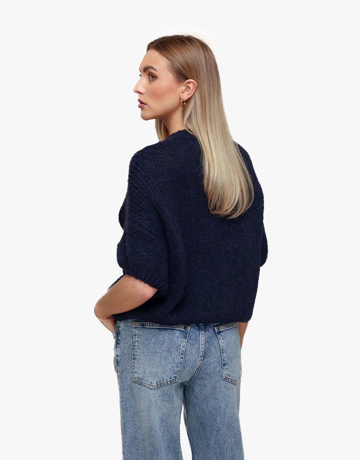 Navy Gebreide Wollen 3/4 Mouwen - Trui - Olivia & Kate