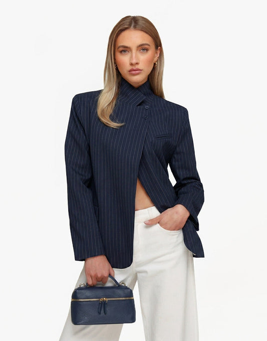 Navy Strepen Hoge Knoop Split - Blazer - Olivia & Kate