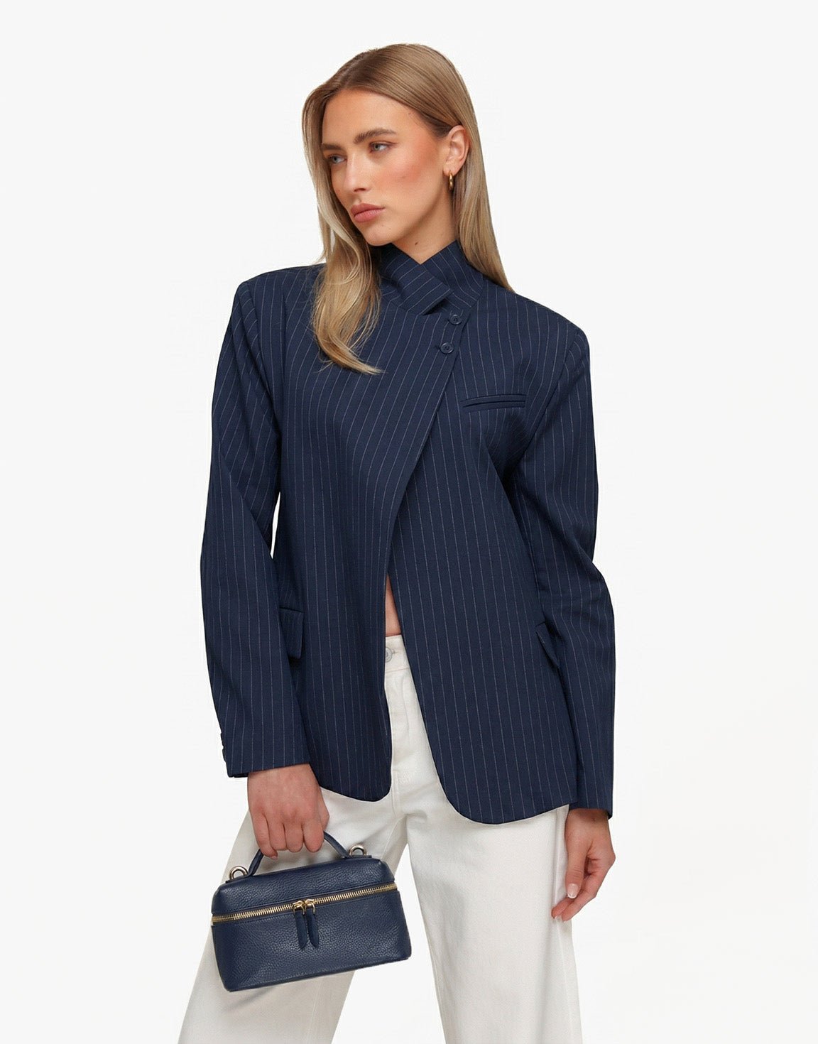 Navy Strepen Hoge Knoop Split - Blazer - Olivia & Kate