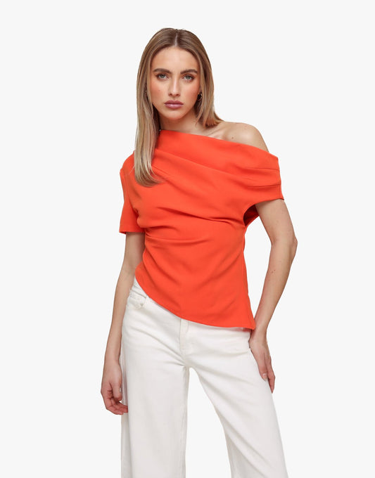 Oranje Gedrapeerde Off Shoulder SS - Top - Olivia & Kate